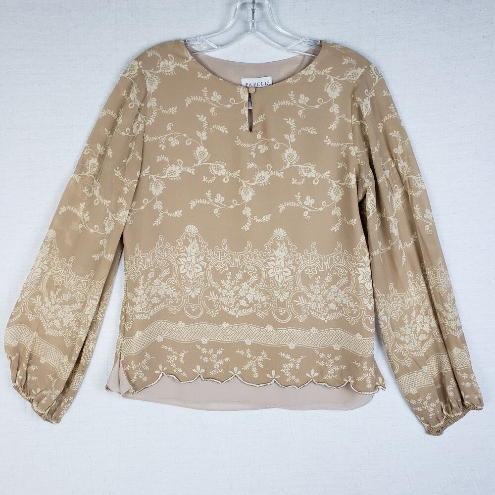 Vintage Papell 100% Silk Blouse Top Floral Print Bishop Sleeves size 8P Peasant